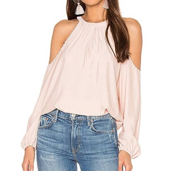 Ramy Brook XSmall Blush Pink The Jackson Cold Shoulder Studded Blouse Top Satin - Picture 13 of 13